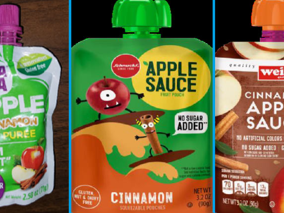 An image provided by the Food and Drug Administration shows the three recalled products: WanaBana Apple Cinnamon Fruit Puree pouches,  Schnucks cinnamon-flavored applesauce pouches and variety pack and Weis cinnamon applesauce pouches.