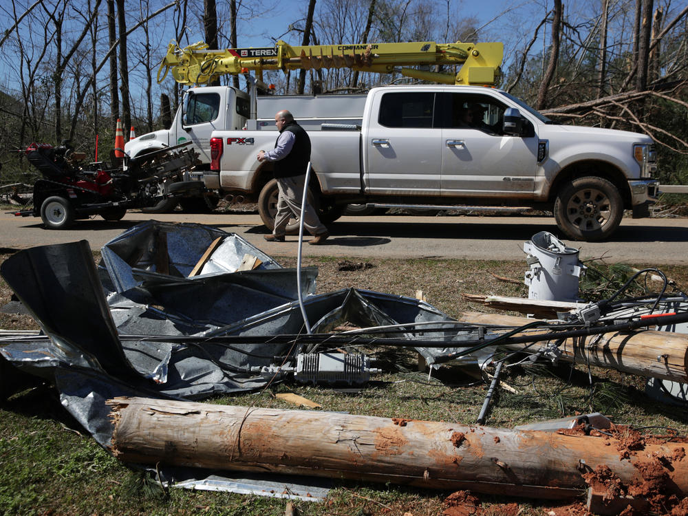 Mayor Bubba Copeland visits an area that was damaged by a tornado on March 5, 2019 in Smiths Station, Ala.