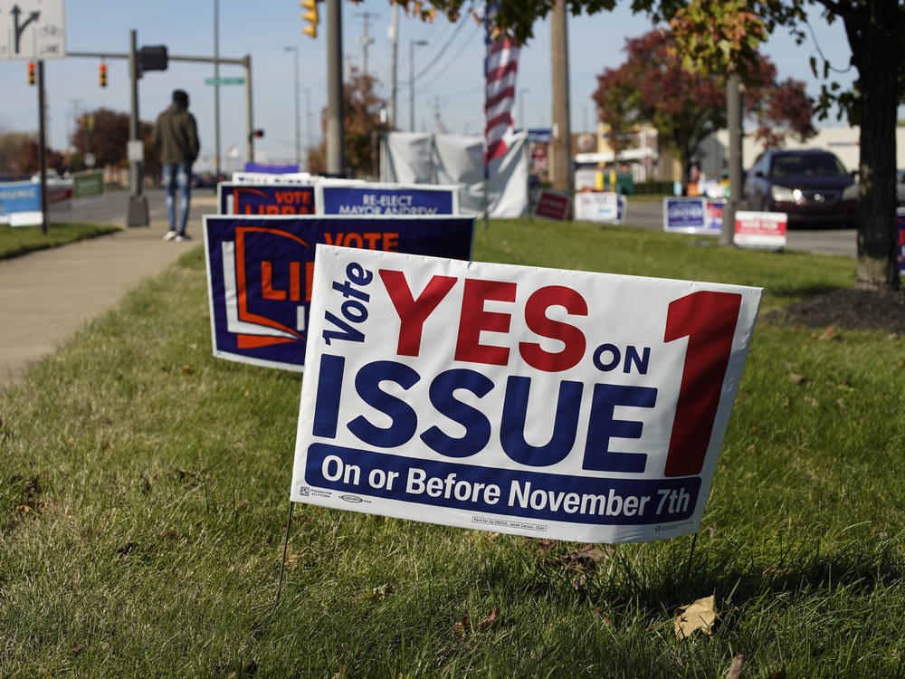 Signage in support of Issue 1 is seen in Columbus, Ohio. Ohioans are voting on a state constitutional amendment that would codify reproductive rights.