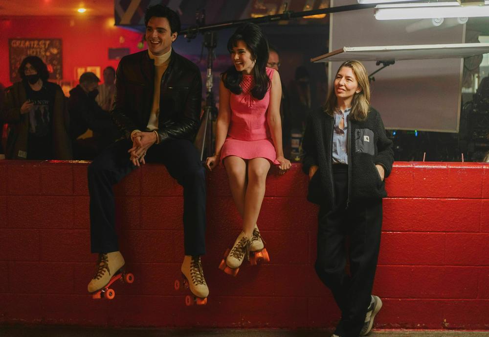 Jacob Elordi, Cailee Spaeny and Sofia Coppola on the set of <em>Priscilla</em>.