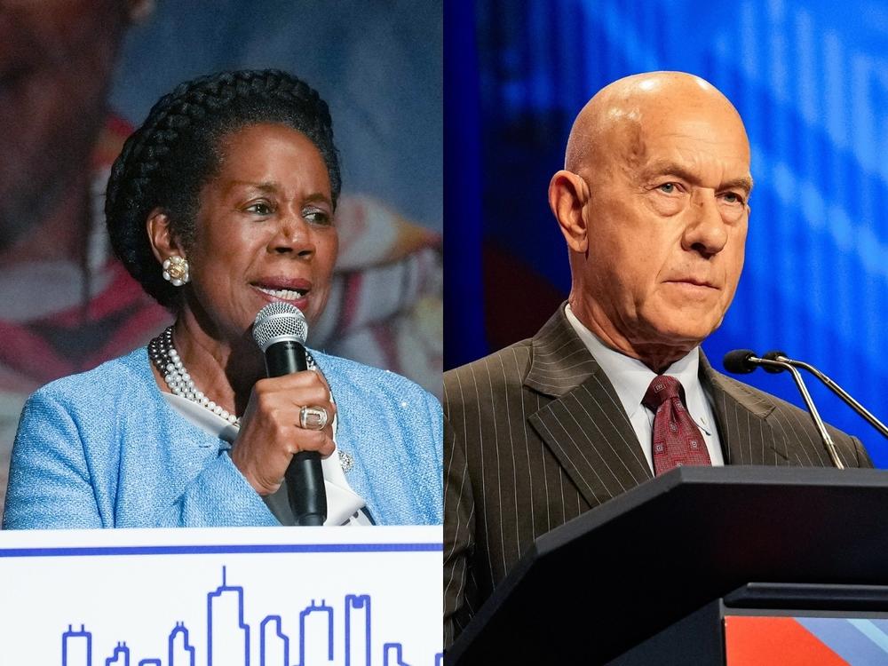 Left: Houston mayoral candidate U.S. Rep. Sheila Jackson Lee during a campaign event on Oct. 27, 2023 in Houston. Right: State Sen. John Whitmire during a debate on Oct. 10, 2023 in Houston.