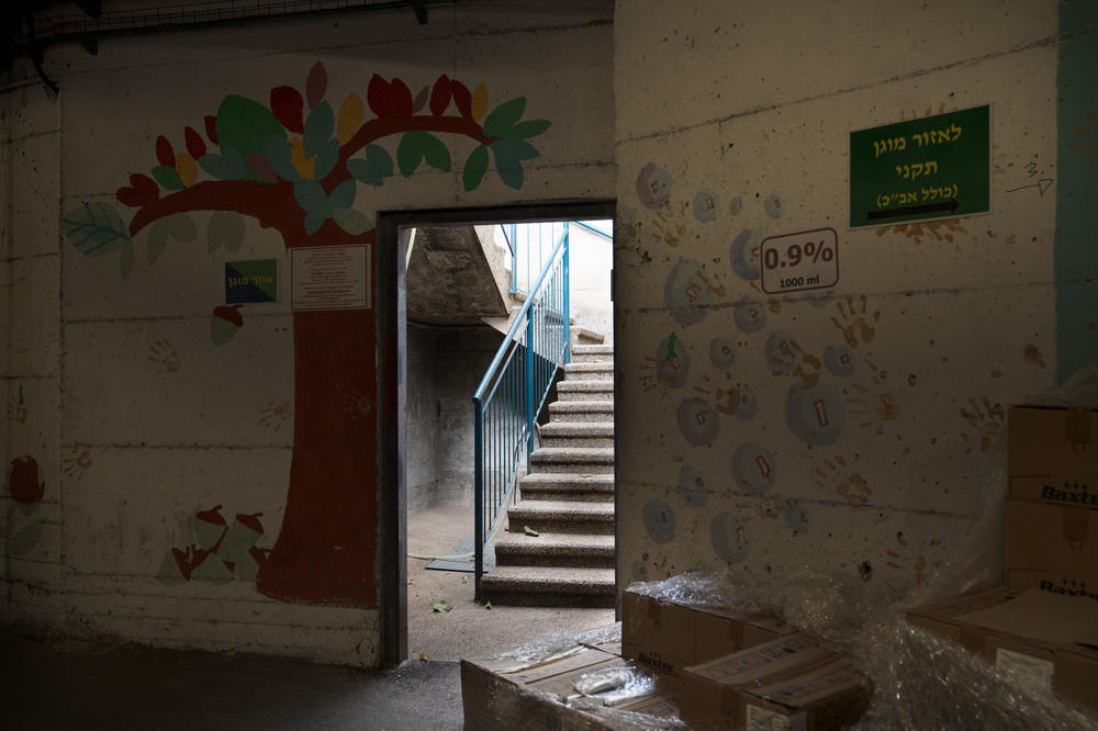 A stairwell leads upward from an underground hallway at Galilee Medical Center in Nahariya.