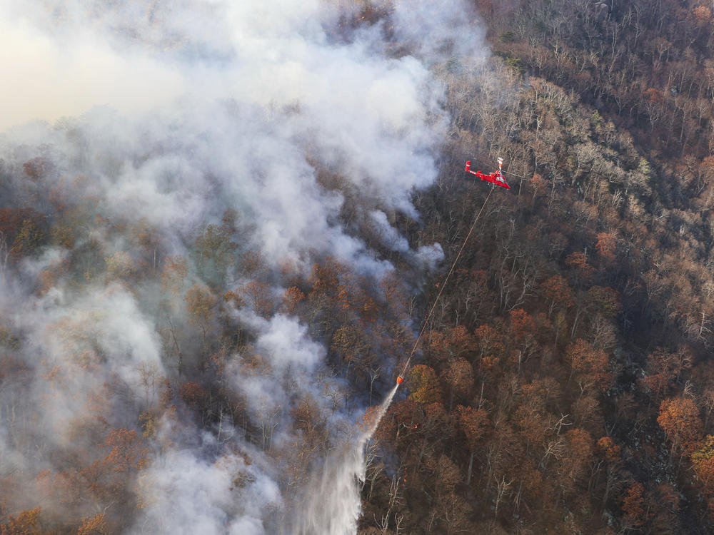 This photo provided by the Virginia Department of Forestry shows firefighters trying to stop the western spread of the Quaker Run Wildfire in Madison County, Va.
