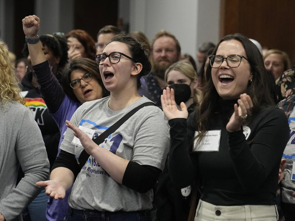 Issue 1 supporters cheer at a watch party Tuesday in Columbus, Ohio.