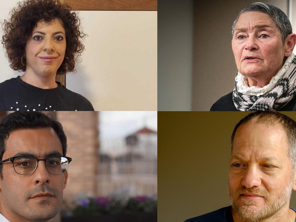 They have suffered great pain but not lost their compassion. Clockwise from top left: Dr. Lina Qasem Hassan, a Palestinian citizen of Israel whose relative in Gaza, an ambulance driver, died in an airstrike; Robi Damelin, whose son was killed by a Palestinian sniper; Yousef Bashir, who as a teen was shot by an Israeli soldier in Gaza; Maoz Inon, whose parents died in the Hamas attack of Oct. 7.