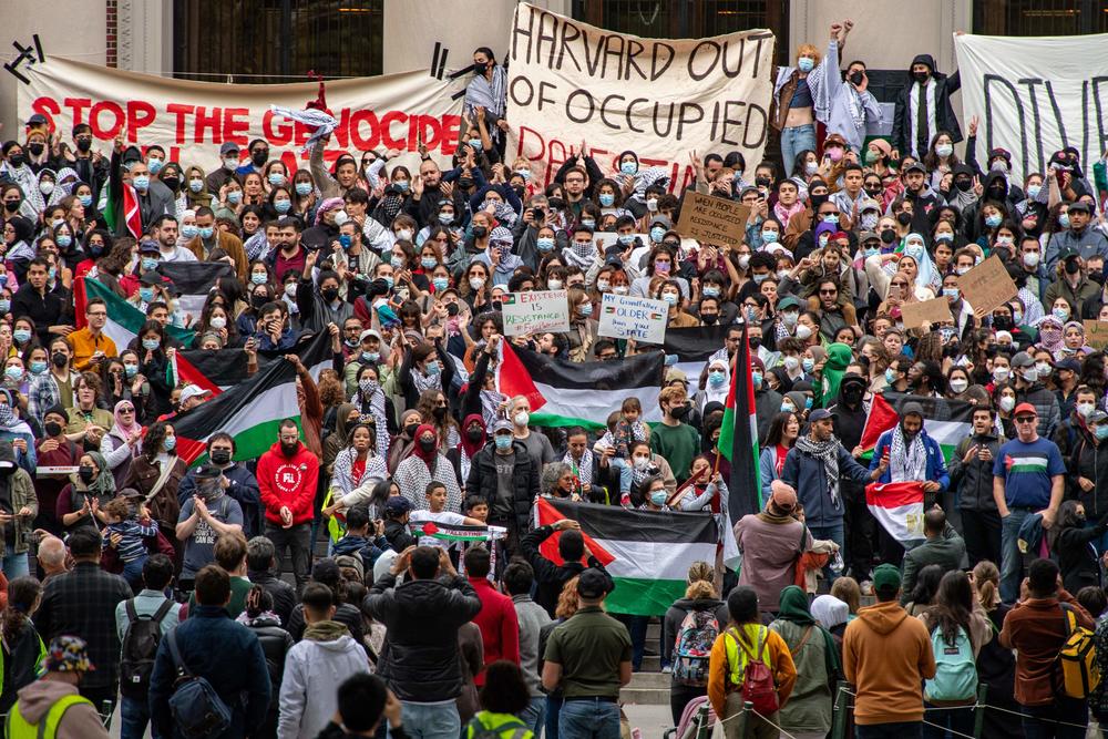 Supporters of Palestine rally at Harvard University on Oct. 14.