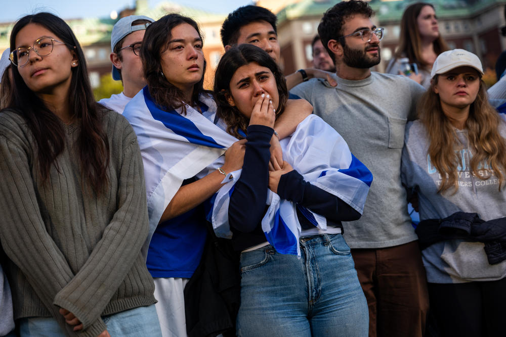 Students from Columbia University participate in a rally and vigil in support of Israel in response to a neighboring student rally in support of Palestine on Oct. 12, in New York City.