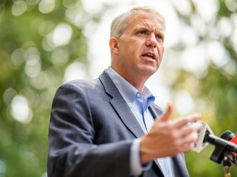 Mississippi Democratic gubernatorial candidate Brandon Presley speaks to reporters during a campaign stop on Nov. 6 in Jackson, Miss.