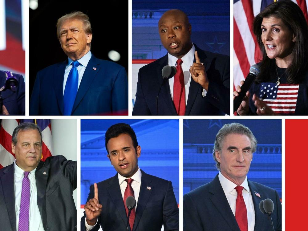 Clockwise from top left: Florida Gov. Ron DeSantis, Donald Trump, South Carolina Sen. Tim Scott, former U.N. Ambassador Nikki Haley, North Dakota Gov. Doug Burgum, Vivek Ramaswamy and former New Jersey Gov. Chris Christie.