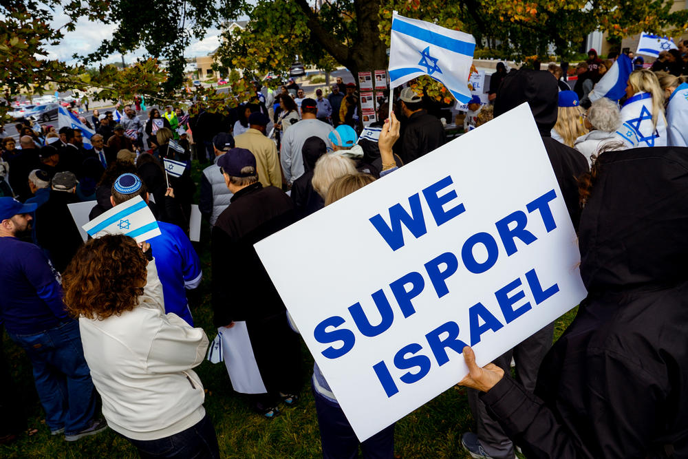 Hundreds of people gather in support of Israel on Sunday, Oct. 15, 2023, during a rally at the Jewish Federation of St. Louis in Creve Coeur, Mo.