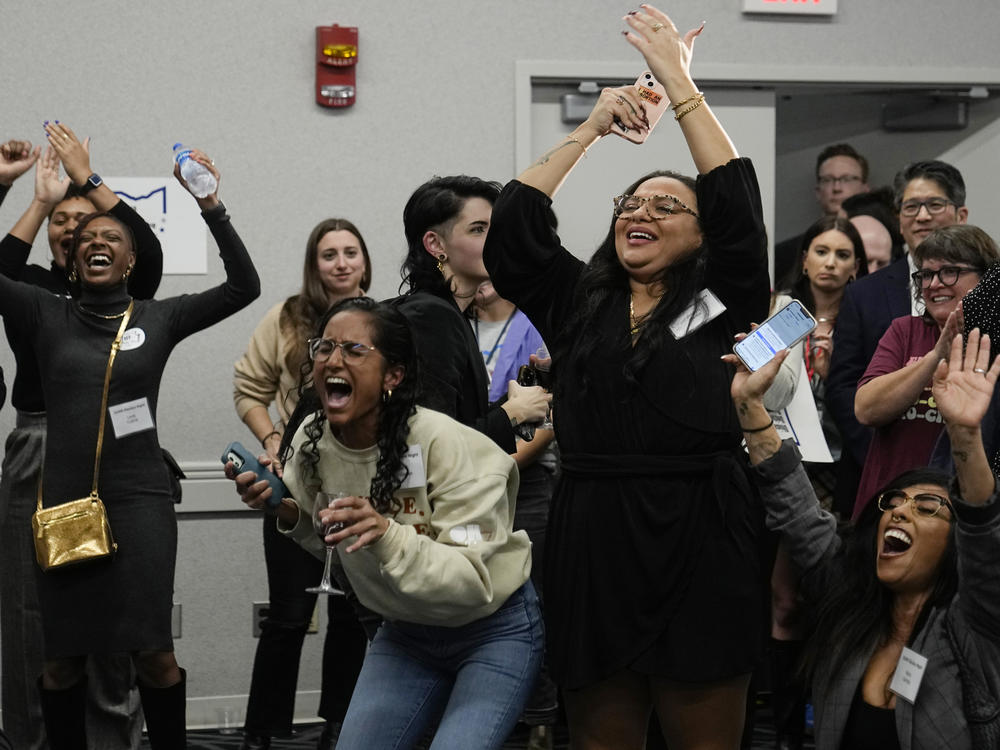 Issue 1 supporters celebrate at a watch party, Tuesday in Columbus, Ohio. Ohio voters approved a constitutional amendment that guarantees the right to abortion and other forms of reproductive health care. The outcome of Tuesday's intense, off-year election was the latest blow for abortion opponents.
