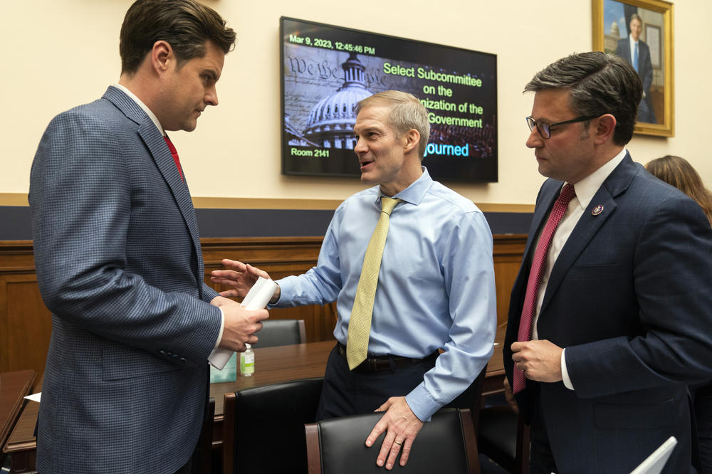 Rep. Jim Jordan, R-Ohio, center, is leading a congressional investigation into what he and other conservatives describe as a joint effort by the federal government, researchers and tech companies to censor conservative points of view. He's seen here after a March hearing with Rep. Matt Gaetz, R-Fla., left, and now-Speaker Mike Johnson, R-La.
