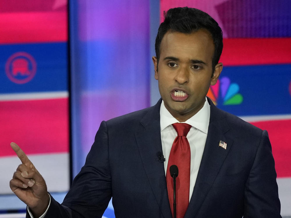 Republican presidential candidate businessman Vivek Ramaswamy speaks during a Republican presidential primary debate hosted by NBC News on Wednesday in Miami.