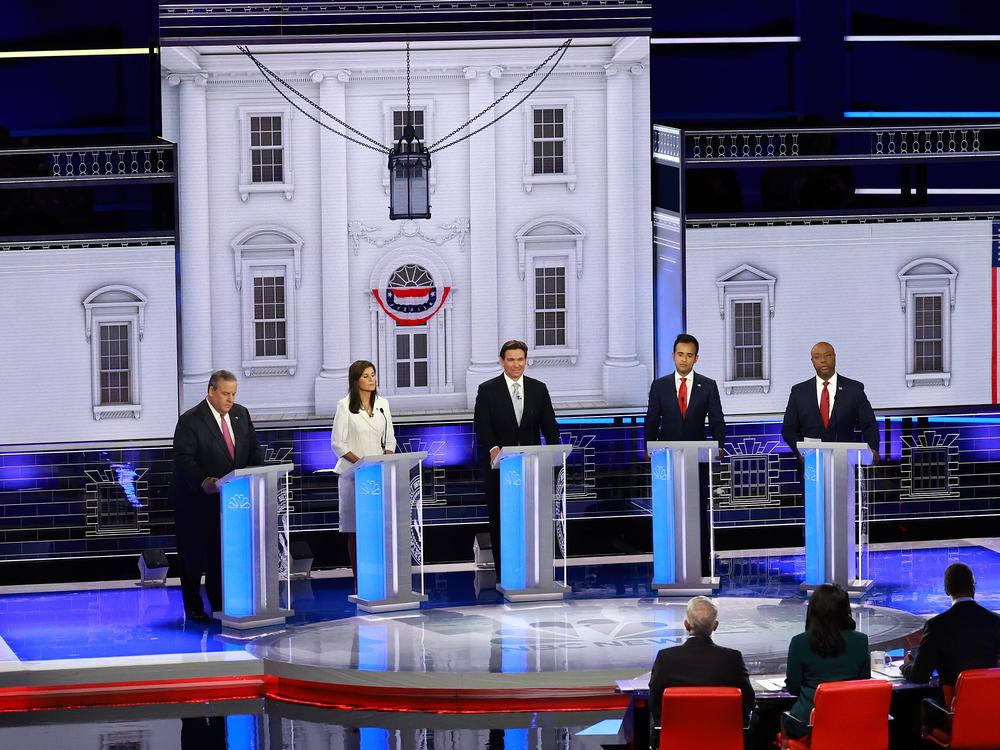 Republican presidential candidates former New Jersey Gov. Chris Christie, former U.N. Ambassador Nikki Haley, Florida Gov. Ron DeSantis, Vivek Ramaswamy and South Carolina Sen. Tim Scott participate in the NBC News Republican Presidential Primary Debate on Wednesday in Miami.