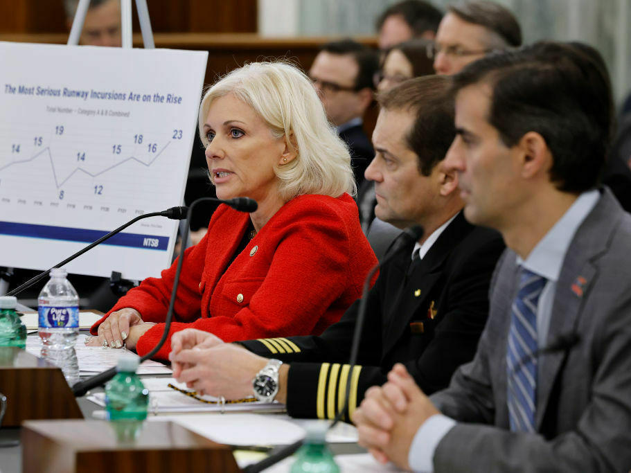 National Transportation Safety Board Chair Jennifer Homendy (left) testifies at a Senate Commerce subcommittee hearing on aviation safety, with Air Line Pilots Association President Capt. Jason Ambrosi (center) and National Air Traffic Controller Association President Rich Santa (right).