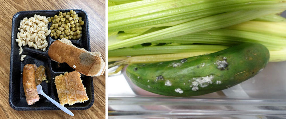 Left: Moldy bread is served during lunch. Right: rotting cucumbers are seen in a refrigerator.