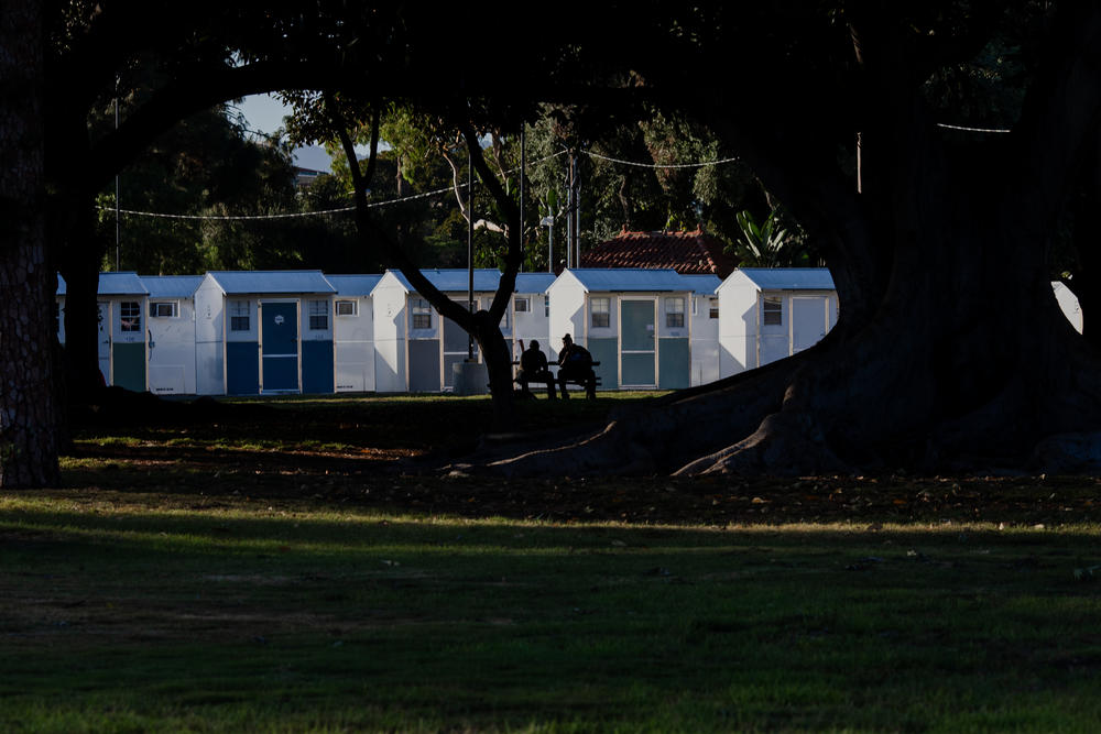 Tiny homes sit adjacent to what was previously Veterans Row on the campus of the West Los Angeles Veterans Affairs Medical Center.