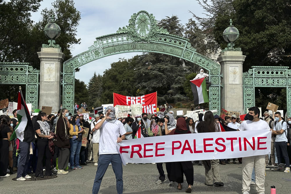 A student protest about the war in Israel and Gaza takes place at Sather Gate at the University of California, Berkeley, on Oct. 16.