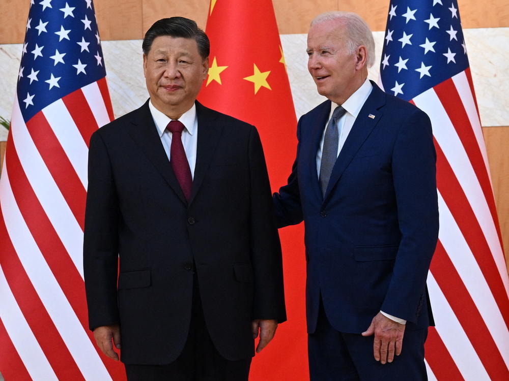U.S. President Joe Biden and China's President Xi Jinping are shown meeting on the sidelines of the G20 Summit in Nusa Dua on the Indonesian resort island of Bali on November 14, 2022.