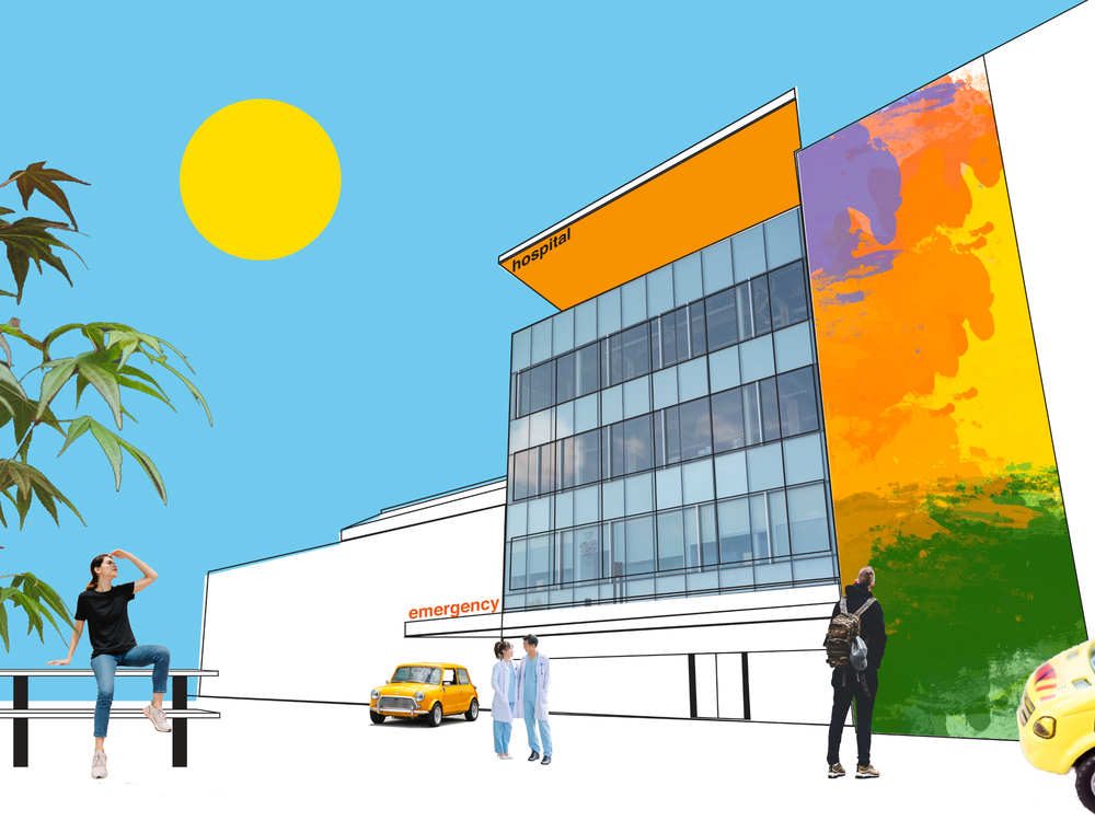 Design strategist Anna Engstrom created this sketch of a futuristic hospital that appears in <em>Artists Remaking Medicine. </em>She writes that she envisions 
