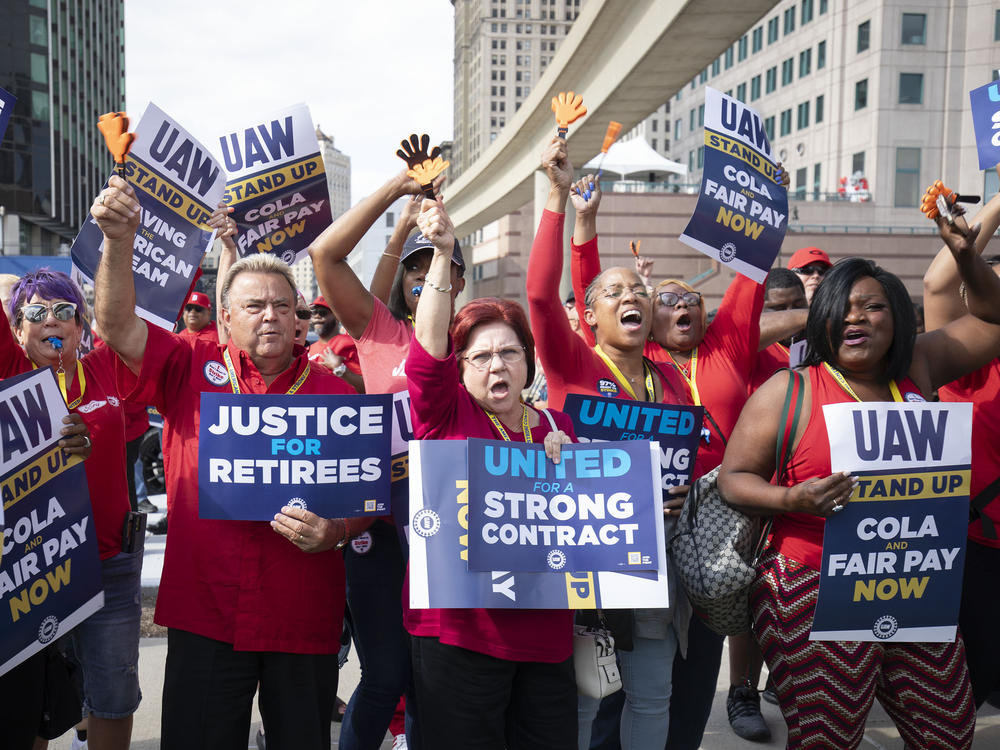 UAW members attend a solidarity rally in Detroit on Sept 15, 2023. The union struck lucrative new deals with each of the Big Three automakers. The UAW now wants to use the momentum to unionize foreign automakers as well as Tesla.