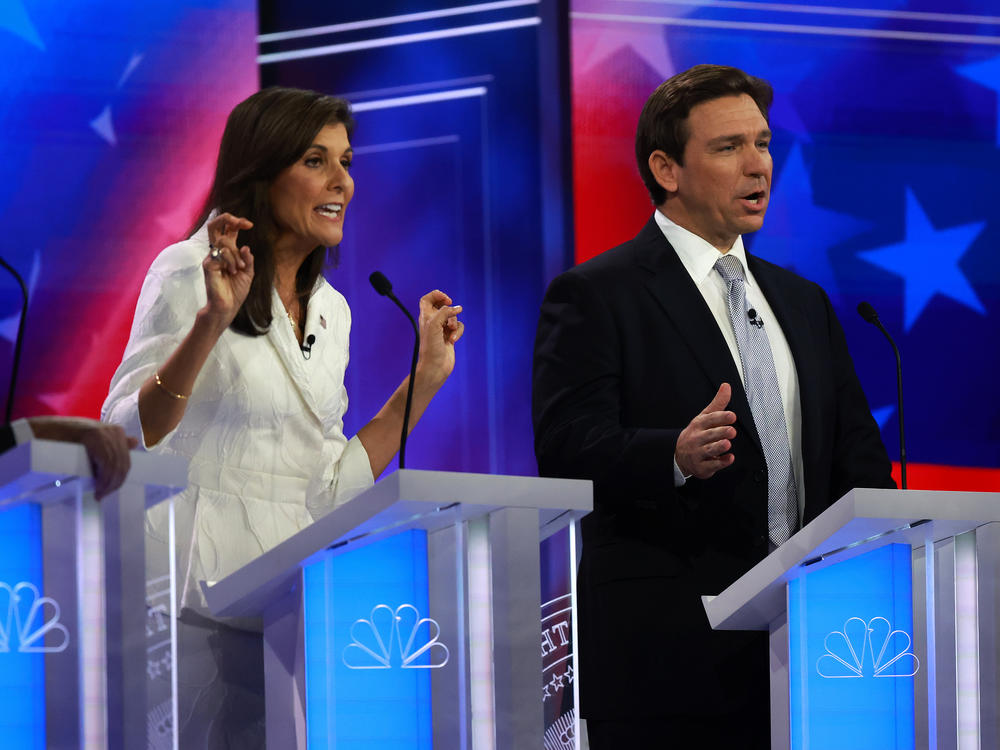 Republican presidential candidates former U.N. Ambassador Nikki Haley and Florida Gov. Ron DeSantis square off during the Nov. 8 GOP debate in Miami.