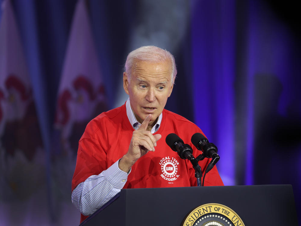President Biden speaks to autoworkers in Belvidere, Ill. on Nov. 9.