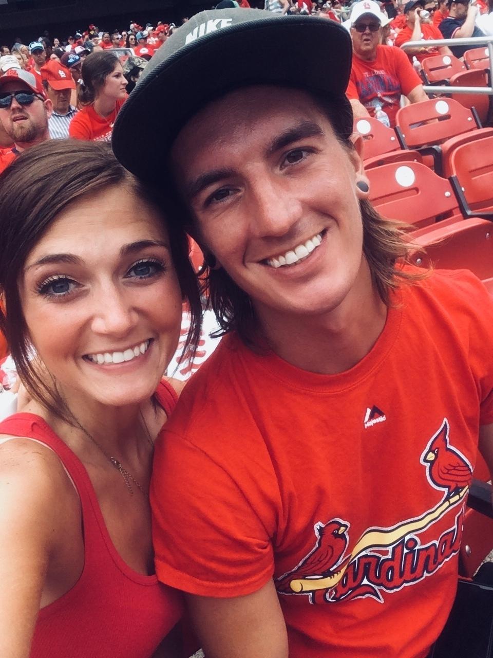 Susan Gore and Davey Bauer at a St. Louis Cardinals game in 2018.