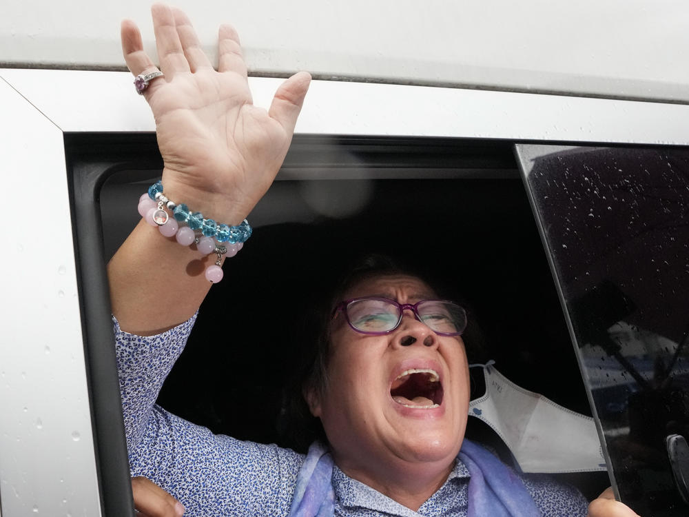 Jailed former Senator Leila de Lima reacts after she goes out of the Muntinlupa City trial court on Monday, Nov. 13, 2023 in Muntinlupa, Philippines.