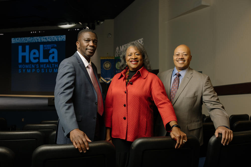 Dr. Roland Matthews, Dr. Cheryl Franklin, and Dr. Franklyn Geary pose for a portrait at Morehouse School of Medicine.