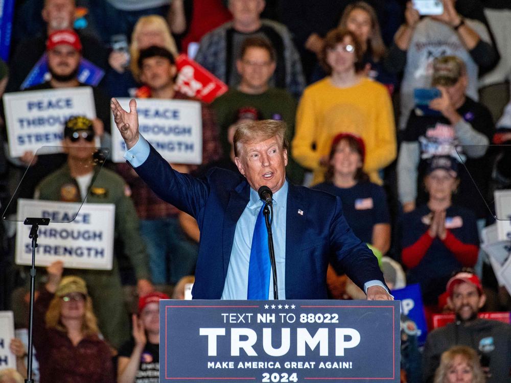 Former President and 2024 Republican president candidate Donald Trump speaks at a campaign rally in Claremont, N.H., on Saturday.