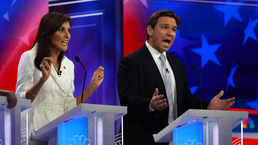 Republican presidential candidates former U.N. Ambassador Nikki Haley and Florida Gov. Ron DeSantis participate in the NBC News Republican Presidential Primary Debate in Miami on Nov. 8.