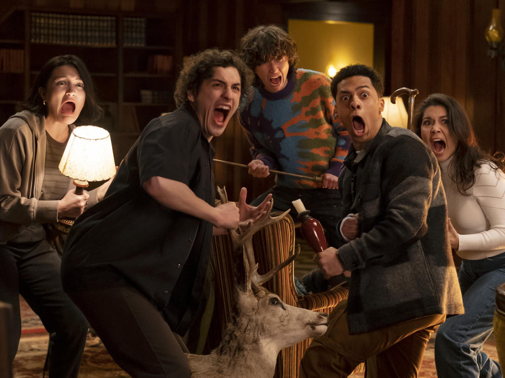 Isa Briones, left, Will Price, Miles McKenna, Zack Morris and Ana Yi Puig in <em>Goosebumps.</em>