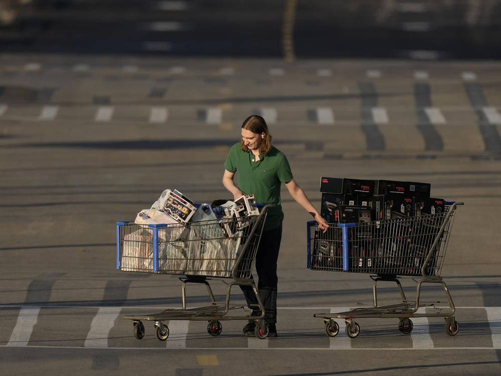 A shopper pushes two carts during last year's Black Friday sale at a Best Buy store in Overland Park, Kan.
