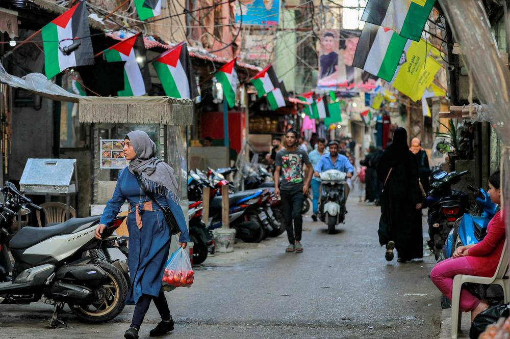 Palestinian flags hanging along an alley at the Shatila camp for Palestinian refugees in the southern suburb of Beirut on Nov. 7.