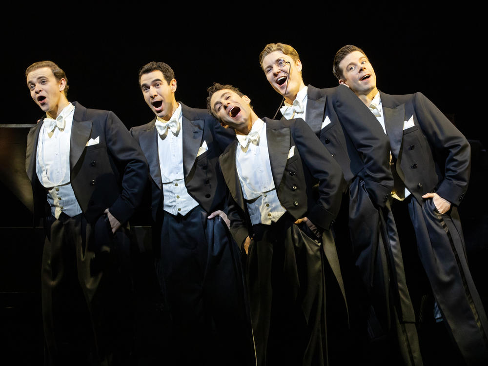 Blake Roman, left, Steven Telsey, Zal Owen, Danny Kornfeld, Eric Peters and Sean Bell in <em>Harmony</em>.