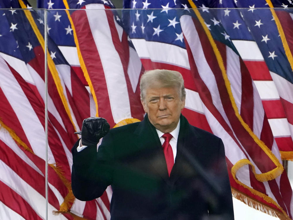 Then-President Donald Trump gestures as he arrives to speak at a rally in Washington, D.C., on Jan. 6, 2021.