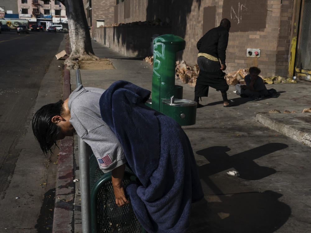 A mentally ill homeless woman experiencing addiction leans on a rail after wetting her hair at a drinking fountain in the Skid Row area of Los Angeles, Monday, May 23, 2022.  (AP Photo/Jae C. Hong)