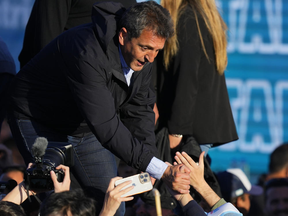 Sergio Massa, Argentina's economy minister and presidential candidate for the ruling party, greets supporters during a campaign event in Buenos Aires, Argentina.