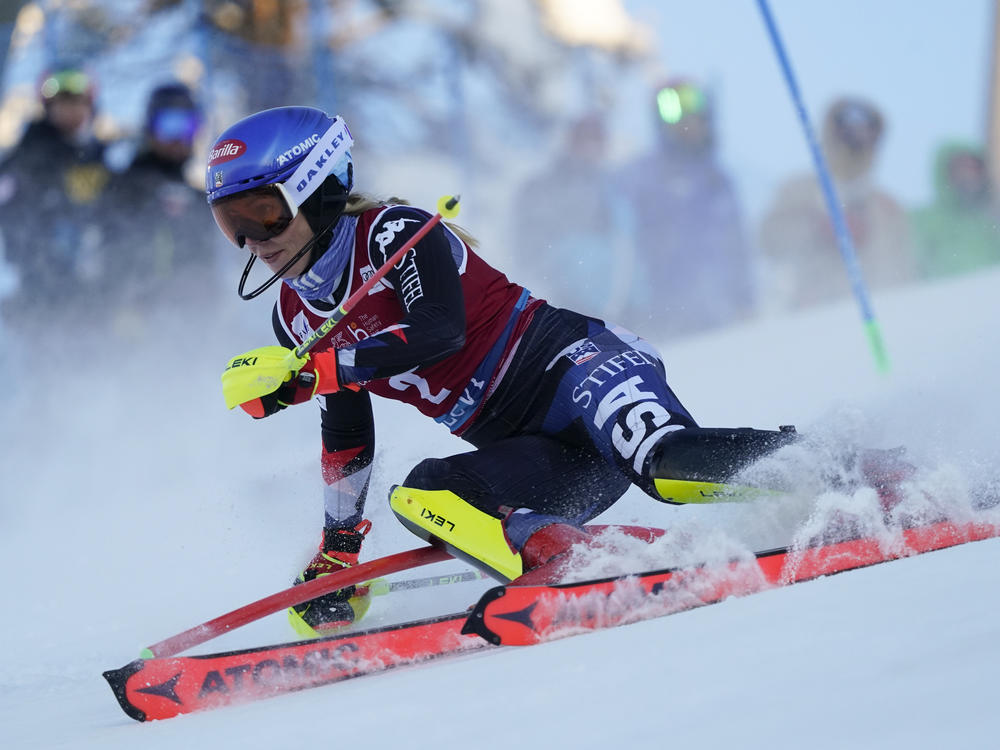 Mikaela Shiffrin speeds down the course during the first run of an alpine ski World Cup women's slalom race, in Levi, Finland, on Nov. 12.