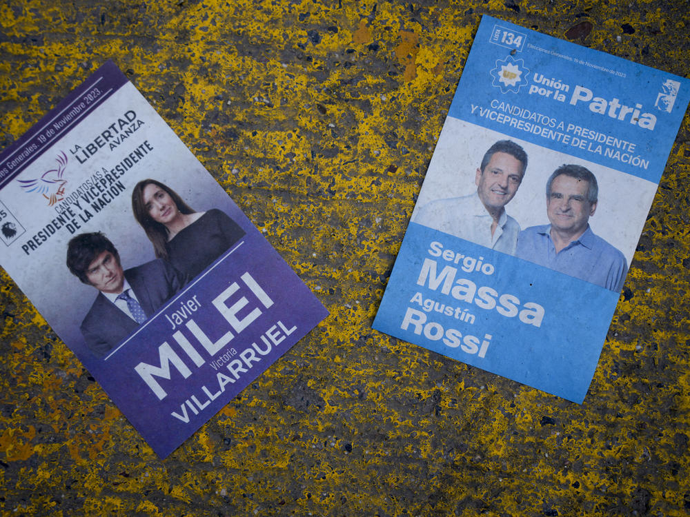 Ballots of the presidential candidates for the ruling party are seen on a street in Ezeiza, Buenos Aires province, Argentina.