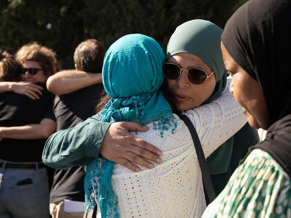 Hundreds of mourners gather for the funeral service of Canadian Israeli peace activist Vivian Silver on Thursday in Kibbutz Gezer, Israel.