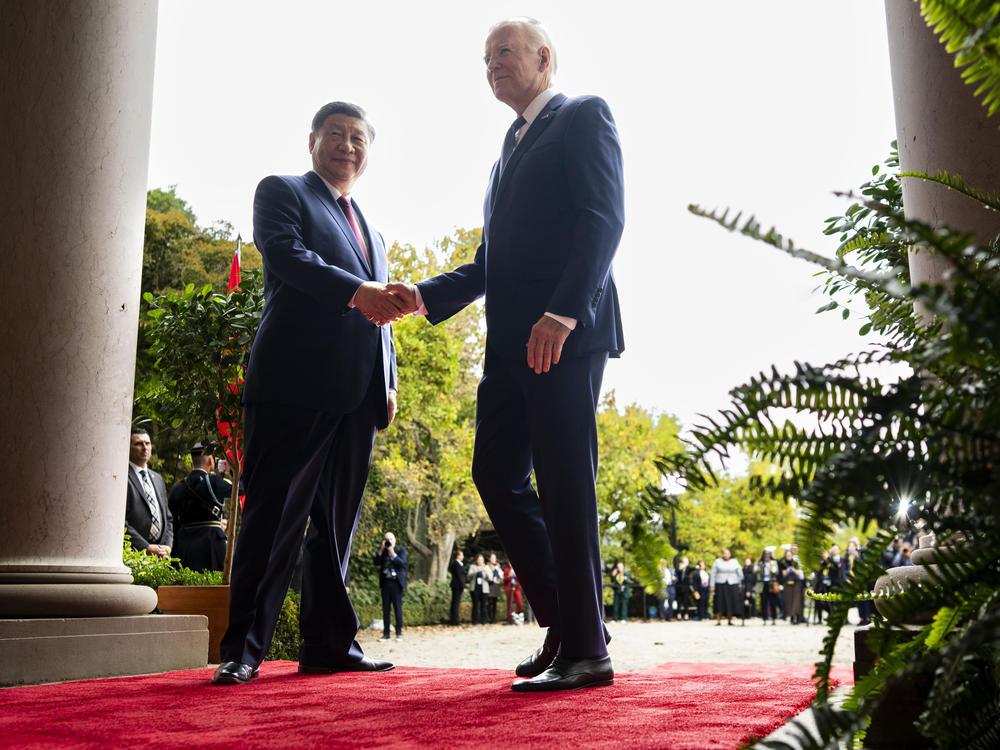 U.S. President Joe Biden greets China's President President Xi Jinping at the Filoli Estate in Woodside, Calif., Wednesday, Nov, 15, 2023, on the sidelines of the Asia-Pacific Economic Cooperative conference.