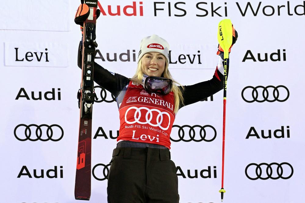Winner Mikaela Shiffrin of USA celebrates on the podium after the women's slalom competition of the FIS Alpine Skiing World Cup in Kittilae, Finland, on Nov. 12.