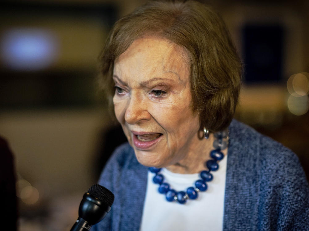 The former first lady Rosalynn Carter speaks to the press at conference at The Carter Center on Tuesday, Nov. 5, 2019, in Atlanta. Rosalynn Carter, the 96-year-old former first lady, is in hospice care at home, the Carter Center says.