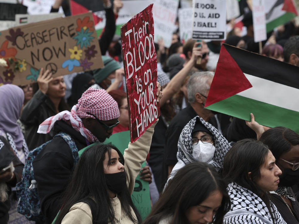 Protesters march from Freedom Plaza during the National March on Washington, calling for a cease-fire between Israel and Hamas