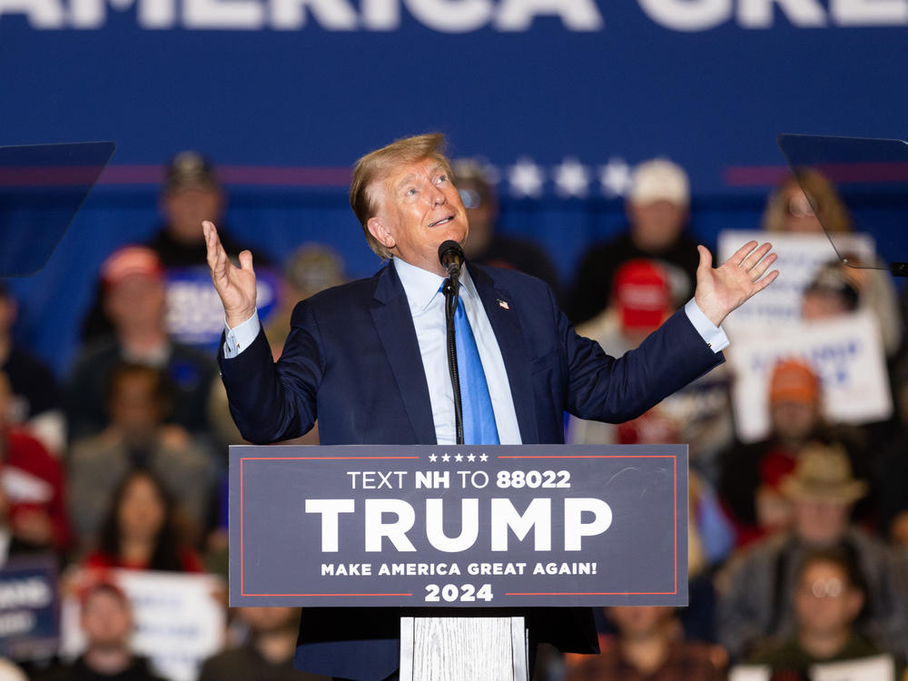 Republican presidential candidate former President Donald Trump delivers remarks during a campaign event on November 11, 2023 in Claremont, New Hampshire.