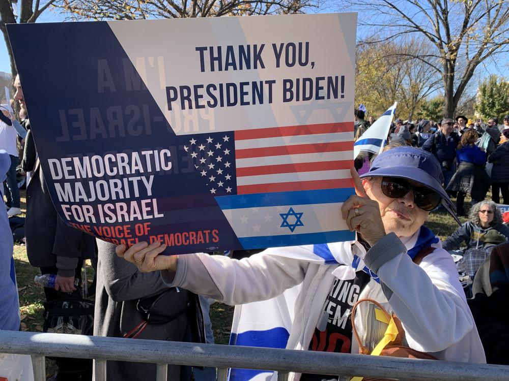 Yaffa Rubinstein, 75, attended a recent pro-Israel rally in Washington, D.C. She supports President Biden but says she's disappointed with what she calls anti-Israel rhetoric from some Democrats.