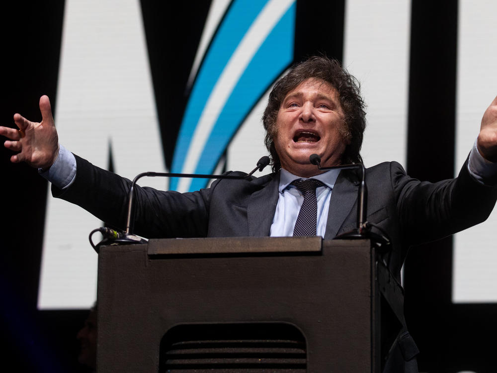 Javier Milei of La Libertad Avanza speaks to supporters during his closing rally at Movistar Arena on Oct. 18 in Buenos Aires.