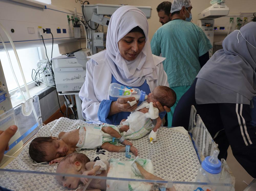 Palestinian medics care for premature babies evacuated from Al-Shifa hospital to the Emirates hospital in Rafah in the southern Gaza Strip on Sunday.